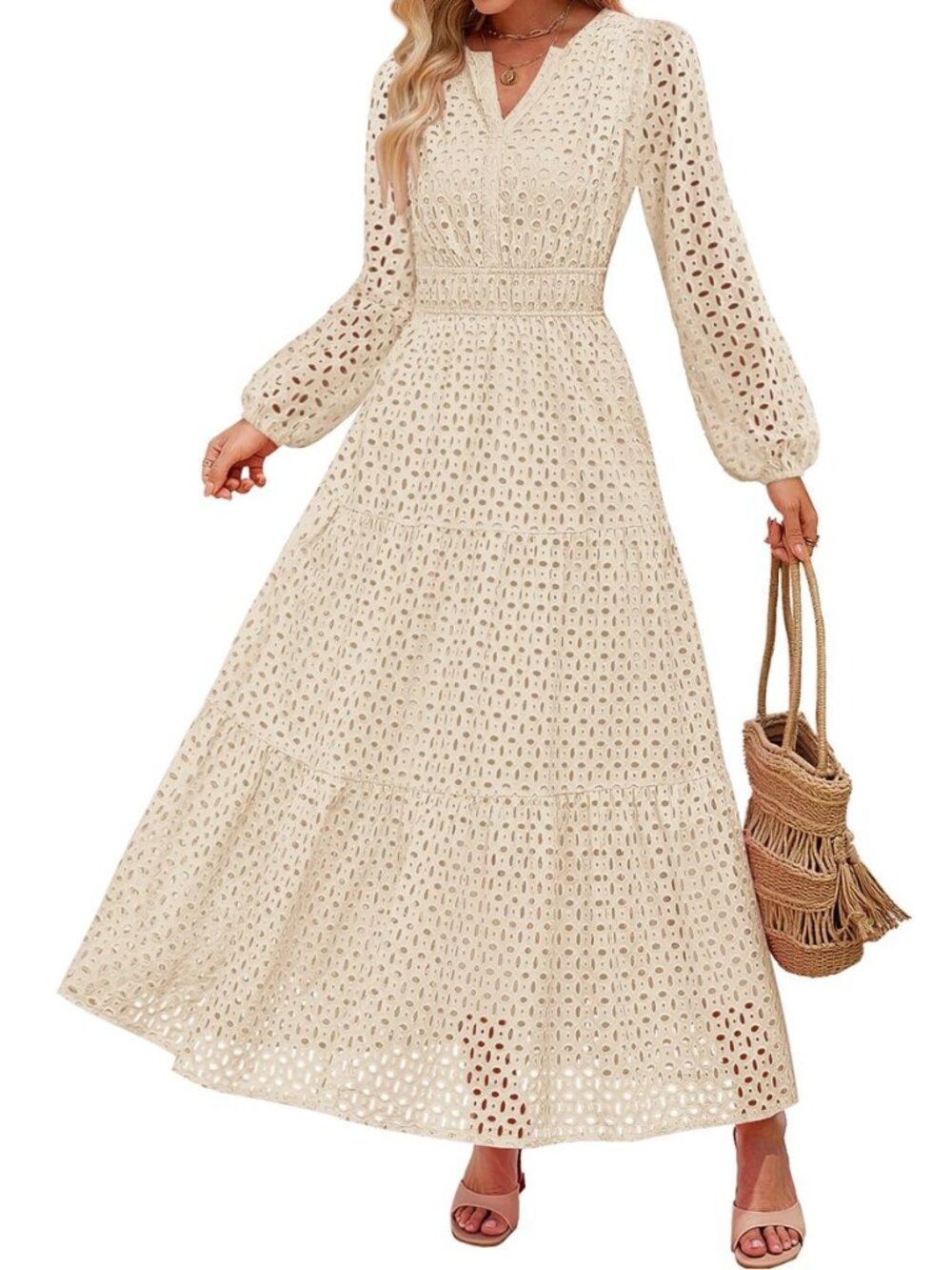 Women's 2026 Fall Long Sleeve Eyelet Maxi Dress